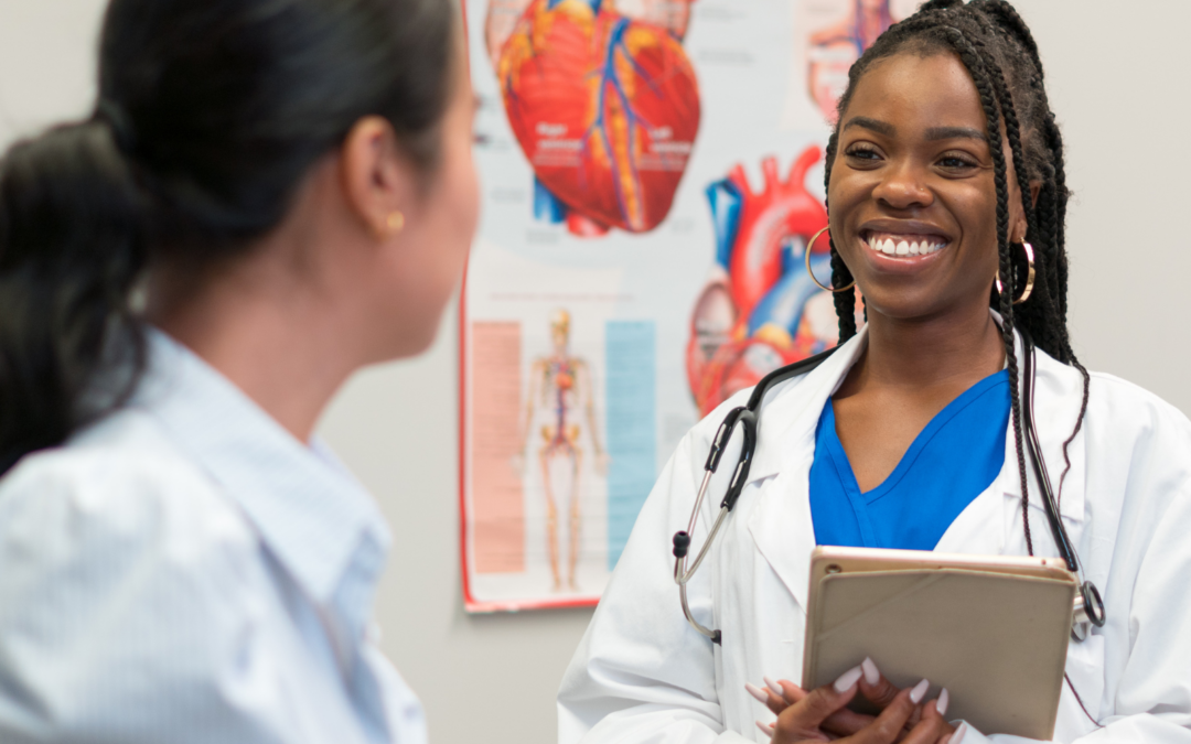 Nurse and patient talk about patient's late period and negative pregnancy test.